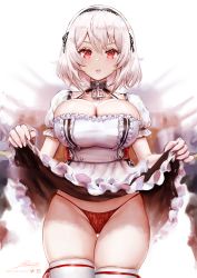 Rule 34 | 1girl, :o, anchor symbol, azur lane, battleship, blurry, blurry background, breasts, cleavage, clothes lift, collar, cowboy shot, dress, frilled dress, frills, groin, hairband, highres, large breasts, lifting own clothes, looking at viewer, military, military vehicle, open mouth, panties, red eyes, red panties, revenantart, ship, short hair, signature, sirius (azur lane), skindentation, skirt, skirt lift, solo, teeth, thigh gap, thighhighs, thighs, underwear, upper teeth only, warship, watercraft, white dress, white hair, white thighhighs