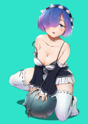 Rule 34 | 10s, 1girl, ball and chain (weapon), bare shoulders, black bra, black ribbon, blue eyes, blue hair, bow, bra, breasts, chain, china-hz, cleavage, collarbone, crying, detached sleeves, dress, eyelashes, flail, frilled dress, frilled skirt, frilled sleeves, frills, from above, green eyes, hair ornament, hair over one eye, highres, kneeling, large breasts, looking at viewer, maid, maid headdress, matching hair/eyes, morning star, multicolored hair, no shoes, off shoulder, on one knee, pink hair, re:zero kara hajimeru isekai seikatsu, rem (re:zero), ribbon, ribbon-trimmed thighhighs, ribbon trim, shadow, short hair, simple background, skirt, solo, spiked ball and chain, strap slip, tears, thighhighs, two-tone hair, underwear, weapon, white thighhighs, wide sleeves