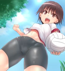 Rule 34 | 10s, 1girl, ball, bike shorts, black shorts, blush, breasts, brown eyes, brown hair, clenched hand, cloud, cowboy shot, day, from below, girls und panzer, gym shirt, gym uniform, holding, holding ball, isobe noriko, kitayama miuki, midriff, navel, open mouth, outdoors, shirt, short hair, shorts, sky, small breasts, smile, solo, sportswear, stomach, toned, upshirt, volleyball (object), volleyball uniform