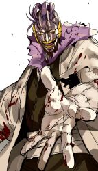 Rule 34 | 1boy, absurdres, bleach, blood, blood on clothes, blood on face, blood on hands, colored skin, cowboy shot, facepaint, grin, haori, highres, japanese clothes, kurotsuchi mayuri, looking at viewer, loose hair strand, male focus, open mouth, outstretched arm, purple hair, sash, shihakusho, smile, taichou haori, torn clothes, upper body, white background, white skin, xi luo an ya, yellow eyes, yellow teeth