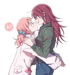 Rule 34 | 2girls, bang dream!, blue eyes, blue scrunchie, blush, denim, eye contact, face-to-face, from side, green eyes, green jacket, hair ornament, hair scrunchie, hands on another&#039;s shoulders, hug, jacket, jeans, long hair, long sleeves, looking at another, multiple girls, open mouth, pants, pink hair, pink ribbon, re ghotion, red hair, ribbon, scrunchie, simple background, sweatdrop, sweater, twintails, udagawa tomoe, uehara himari, white background, white sweater, yuri
