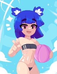 Rule 34 | 1girl, :d, animal ear fluff, animal ears, ball, beachball, bear ears, bear girl, blue hair, blue sky, blunt bangs, blunt ends, borrowed character, cloud, cloudy sky, collarbone, commentary, cowboy shot, day, english commentary, fang, grey one-piece swimsuit, gris (vertigris), gris swimsuit, hand up, holding, holding ball, holding beachball, blue background, looking at viewer, medium hair, meme attire, minimilieu, navel, notice lines, one-piece swimsuit, open mouth, original, pink eyes, pixel art, raised eyebrows, see-through swimsuit, shiny clothes, shiny skin, skin fang, sky, smile, solo, sparkle, standing, swimsuit, thick eyebrows, v