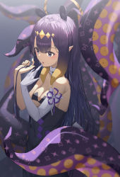 Rule 34 | 1girl, absurdres, black eyes, blunt bangs, blurry, commentary request, depth of field, elbow gloves, extra ears, eyes visible through hair, fuyoko, gloves, gradient hair, hair between eyes, headpiece, highres, hololive, hololive english, long hair, looking away, multicolored hair, ninomae ina&#039;nis, parted lips, pointy ears, purple hair, sidelocks, simple background, single glove, sleeveless, solo, tentacle hair, tentacles, virtual youtuber