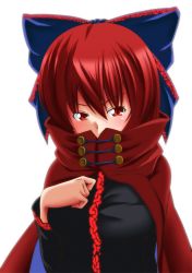 Rule 34 | 1girl, black shirt, blue bow, blush, bow, breasts, cape, covered mouth, hair bow, high collar, long sleeves, looking at viewer, red eyes, red hair, sekibanki, shirt, short hair, solo, tatsuya (guild plus), touhou, upper body, white background
