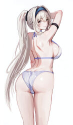 Rule 34 | 1girl, arched back, arm at side, arm strap, arm up, armpits, ass, back, bianca (punishing: gray raven), bikini, blonde hair, blue hairband, breasts, closed mouth, feet out of frame, from behind, grey eyes, hair between eyes, hair intakes, hairband, haruyuki (karem), large breasts, long hair, looking at viewer, looking back, ponytail, punishing: gray raven, shoulder blades, sideboob, simple background, smile, solo, standing, straight hair, string bikini, swimsuit, thigh gap, very long hair, white background, white bikini
