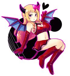 Rule 34 | 1girl, arm support, armpits, bare shoulders, bikini, bikini top only, blonde hair, blowing kiss, blush, boots, breasts, bug, butterfly, butterfly hair ornament, cappuccino1, cleavage, cleavage cutout, clothing cutout, demon girl, demon horns, demon tail, demon wings, drill hair, elbow gloves, full body, gloves, groin, hair ornament, heart, heart-shaped pupils, heart cutout, high heel boots, high heels, horns, insect, kneehighs, lace, lace-trimmed skirt, lace trim, long hair, navel, outline, pointy ears, purple eyes, puzzle &amp; dragons, red footwear, red gloves, red skirt, sideboob, simple background, skirt, socks, solo, spots, succubus (p&amp;d), swimsuit, symbol-shaped pupils, tail, tank top, white background, wings