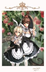 Rule 34 | 2girls, absurdres, alternate costume, apron, artist name, black dress, blonde hair, border, breasts, brown eyes, brown hair, cherry blossoms, cleavage, commentary request, dated, dress, enmaided, flower, frilled apron, frills, green background, grey eyes, hairband, highres, himeyamato, kantai collection, large breasts, long hair, maid, maid apron, maid headdress, multiple girls, ponytail, rose, shimakaze (kancolle), short sleeves, small breasts, very long hair, waist apron, white apron, white hairband, white legwear, wooden wall, yamato (kancolle)