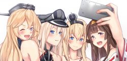 Rule 34 | 10s, 4girls, :d, ;d, bismarck (kancolle), blonde hair, blue eyes, blush, brown hair, cellphone, crown, detached sleeves, grey eyes, hairband, hat, headgear, iowa (kancolle), japanese clothes, kantai collection, kongou (kancolle), long hair, mini crown, multiple girls, nontraditional miko, one eye closed, open mouth, peaked cap, phone, selfie, smile, star-shaped pupils, star (symbol), symbol-shaped pupils, untue, warspite (kancolle)