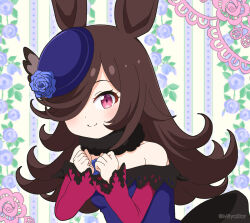 Rule 34 | 1girl, animal ears, bare shoulders, blue dress, blue flower, blue hat, blue rose, blush, breasts, brown hair, closed mouth, collarbone, commentary request, dress, floral background, flower, hair over one eye, hat, hat flower, horse ears, long hair, long sleeves, looking at viewer, mitya, off-shoulder dress, off shoulder, purple eyes, rice shower (umamusume), rose, sleeves past wrists, small breasts, smile, solo, tilted headwear, twitter username, umamusume
