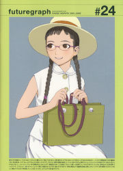 Rule 34 | absurdres, bag, blouse, blue background, braid, cowboy shot, dated, futuregraph, glasses, hat, highres, holding, holding bag, long hair, murata range, shirt, simple background, sleeveless, sleeveless shirt, solo, twin braids, watermark, web address, yellow hat