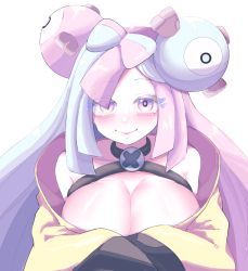 Rule 34 | 1girl, alternate breast size, armpit crease, bare shoulders, blue hair, blush, bow-shaped hair, breasts, character hair ornament, cleavage, collarbone, creatures (company), cross, dot nose, game freak, gen 1 pokemon, hair ornament, highres, huge breasts, inverted cross, iono (pokemon), jacket, latin cross, light blue hair, long hair, looking at viewer, magnemite, multicolored hair, nintendo, oversized clothes, parted lips, pink eyes, pink hair, pokemon, pokemon sv, raised eyebrows, sharp teeth, simple background, sleeves past fingers, sleeves past wrists, smile, solo, split-color hair, symbol in eye, teeth, tofu (ekdnjsdlqslek), two-tone hair, white background, x, yellow jacket