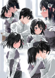 Rule 34 | 10s, 1boy, 1girl, ^ ^, ^o^, absurdres, admiral (kancolle), black hair, blush, check commentary, closed eyes, commentary request, closed eyes, gloves, grey eyes, haguro (kancolle), hair ornament, hand on another&#039;s face, highres, jewelry, kantai collection, long sleeves, multiple views, necklace, nodokana yuki, short hair, sleeves rolled up, smile, white gloves
