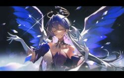 1girl bare_shoulders breasts choker cleavage closed_mouth detached_sleeves dress earrings face_jewel gloves halo head_wings highres honkai:_star_rail honkai_(series) jewelry large_breasts long_hair lxc purple_choker purple_dress robin_(honkai:_star_rail) solo two-tone_dress white_gloves wings