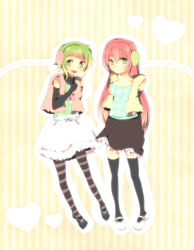 Rule 34 | 2girls, arms behind back, green eyes, green hair, gumi, happy synthesizer (vocaloid), heart, long hair, looking at viewer, megurine luka, multiple girls, pantyhose, pink hair, short hair, smile, striped clothes, striped legwear, striped pantyhose, tenma (xxx), thighhighs, very long hair, vocaloid