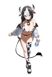Rule 34 | 1girl, absurdres, animal ears, animal print, bell, bikini, black hair, blush, bottle, braid, breasts, cleavage, closed mouth, commentary, cow ears, cow girl, cow horns, cow print, cow tail, cowbell, english commentary, full body, highres, holding, holding bottle, horns, jacket, large breasts, milk, mole, mole under eye, multicolored hair, neck bell, off shoulder, original, purple eyes, setakman, simple background, single braid, single sock, single thighhigh, socks, solo, standing, swimsuit, tail, thighhighs, white background, white hair, white jacket