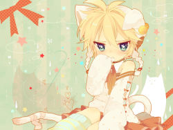 Rule 34 | 1boy, ahoge, animal costume, animal ears, bad id, bad pixiv id, bell, biting, biting clothes, blonde hair, blue eyes, blush, buttons, cat boy, cat costume, cat ears, cat tail, detached collar, detached sleeves, fang, heart, highres, kagamine len, kneehighs, looking at viewer, male focus, ribbon, socks, solo, striped clothes, striped socks, tail, touyama soboro, trap, vocaloid