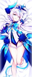 Rule 34 | 1girl, armpits, bare legs, bare shoulders, barefoot, bed sheet, blue eyes, detached sleeves, elsword, fang, highres, horns, long hair, luciela r. sourcream, noblesse (elsword), open mouth, pointy ears, poseich, smile, solo, symbol-shaped pupils, tail, thick eyebrows, twintails, white hair