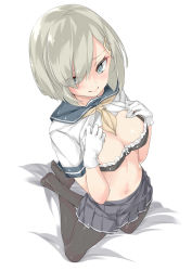 Rule 34 | 10s, 1girl, between breasts, black bra, black skirt, blue eyes, blush, bra, breasts, cleavage, closed mouth, clothes lift, crossed legs, ebifurya, eyebrows, eyes visible through hair, frills, full body, gloves, hair ornament, hair over one eye, hairclip, hamakaze (kancolle), hands on own chest, highres, kantai collection, kneeling, large breasts, looking away, looking to the side, navel, neckerchief, no shoes, pantyhose, pleated skirt, school uniform, serafuku, shirt lift, short hair, short sleeves, silver hair, simple background, skirt, soles, solo, stomach, swept bangs, underwear, white background, white gloves, yellow neckerchief