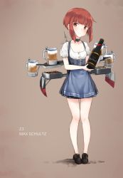 Rule 34 | 10s, 1girl, alcohol, alternate costume, bad id, bad pixiv id, beer, bottle, brown eyes, brown hair, cleazul, dirndl, full body, german clothes, highres, holding, holding bottle, kantai collection, oktoberfest, short hair, simple background, snack, solo, z3 max schultz (kancolle)