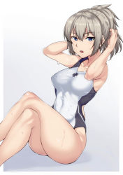 Rule 34 | 10s, 1girl, blue eyes, breasts, competition swimsuit, covered erect nipples, girls und panzer, grey hair, highres, itsumi erika, crossed legs, looking at viewer, one-piece swimsuit, open mouth, ponytail, short hair, sitting, solo, swimsuit, wet, yamaori