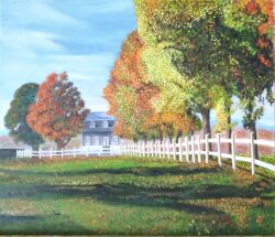 autumn autumn_leaves blue_sky day fence grass highres house kei52415743 landscape leaf no_humans oil_painting_(medium) original painting_(medium) post_and_rail_fence shadow sky sunlight traditional_media tree wooden_fence