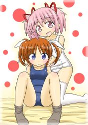 Rule 34 | 00s, 10s, 2girls, bare shoulders, blush, brown hair, crossover, hair ribbon, hands on shoulders, highres, kaname madoka, lyrical nanoha, mahou shoujo lyrical nanoha, mahou shoujo madoka magica, mahou shoujo madoka magica (anime), multiple girls, one-piece swimsuit, open mouth, pink eyes, pink hair, rainbowcard, ribbon, school swimsuit, short twintails, smile, socks, swimsuit, takamachi nanoha, thighhighs, twintails, white legwear
