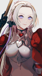 Rule 34 | 1girl, armor, black gloves, breastplate, closed mouth, commentary request, edelgard von hresvelg, fire emblem, fire emblem: three houses, fire emblem warriors: three hopes, forehead, gloves, grey background, highres, holding, holding weapon, lips, long hair, looking at viewer, nintendo, oas, official alternate costume, official alternate hairstyle, pink lips, purple eyes, simple background, smile, solo, twitter username, weapon, white hair