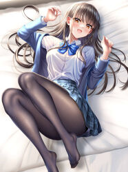 Rule 34 | 1girl, :d, absurdres, bed sheet, black pantyhose, blue bow, blue jacket, blue skirt, blush, bow, breasts, brown eyes, brown hair, collared shirt, convenient leg, fang, highres, indoors, jacket, long hair, long sleeves, looking at viewer, lying, medium breasts, no shoes, on back, on bed, open clothes, open jacket, open mouth, original, pantyhose, plaid, plaid skirt, school uniform, shirt, skin fang, skirt, smile, solo, violetshit, white shirt