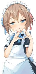 Rule 34 | 1girl, :o, absurdres, alternate costume, alternate hairstyle, apron, bimmy, black dress, blanc (neptunia), blue bow, blue bowtie, blue eyes, blue ribbon, blush, bow, bowtie, brown hair, dress, enmaided, frilled apron, frills, hair between eyes, hair ribbon, hands up, heart, heart hands, highres, looking at viewer, maid, maid headdress, medium hair, neptune (series), own hands together, red ribbon, ribbon, short sleeves, solo, staring, twintails, white apron