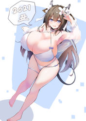 Rule 34 | 1girl, 2021, animal ears, arm up, armpits, azur lane, bandaged head, bandages, bandaid, bare shoulders, bikini, blue background, blunt bangs, bow, breasts, brown hair, bursting breasts, chinese zodiac, choker, cleavage, collarbone, covered erect nipples, cow ears, cow girl, cow horns, cow tail, detached sleeves, dutch angle, flower, full body, hair flower, hair ornament, halterneck, happy new year, highres, horns, huge breasts, kashino (azur lane), kashino (hot springs relaxation) (azur lane), leaning forward, long hair, looking at viewer, nervous, nervous smile, new year, open mouth, purple bow, purple eyes, see-through, see-through sleeves, simple background, skindentation, smile, solo, speech bubble, standing, swimsuit, tail, thigh strap, two-tone background, very long hair, wakusei-san, wavy mouth, white background, white bikini, white flower, year of the ox