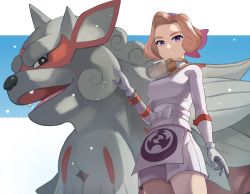 Rule 34 | 1girl, absurdres, breasts, brown hair, creatures (company), game freak, gloves, goggles, goggles around neck, highres, hisuian arcanine, large breasts, looking at viewer, nintendo, palina (pokemon), parted bangs, parted lips, pokemon, pokemon (creature), pokemon legends: arceus, punikiman, purple eyes, short hair, white gloves