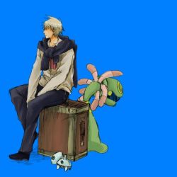 Rule 34 | 00s, 1boy, aron, blue background, chain, cradily, creatures (company), game freak, gen 3 pokemon, kokodora, male focus, nintendo, pokemon, pokemon (creature), pokemon rse, silver hair, simple background, sitting, steven stone, suitcase, wp3, yuradle