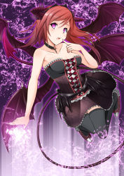 Rule 34 | 10s, 1girl, :o, ange vierge, bare arms, bare shoulders, black dress, black neckwear, black thighhighs, blush, breasts, brooch, brown hair, character request, choker, cleavage, collar, collarbone, demon girl, demon tail, demon wings, dress, fake horns, fang, female focus, flying, full body, hair ornament, hazama aida, horns, jewelry, long hair, looking at viewer, medium breasts, multiple wings, nail polish, neck, necklace, open mouth, purple eyes, purple nails, shoes, solo, strapless, strapless dress, tail, thighhighs, wings