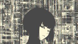 Rule 34 | 1girl, abstract background, black hair, black sclera, chromatic aberration, colored sclera, expressionless, lvl374, original, parted lips, pixel art, portrait, short hair, solo