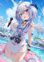 Rule 34 | 1girl, :d, absurdres, amane kanata, amane kanata (punk rock), angel, angel wings, blue hair, blue nails, character print, cloud, collar, colored inner hair, hair ornament, hairclip, highres, holding, holding microphone, hololive, innertube, juu p, microphone, multicolored hair, nail polish, off shoulder, open mouth, pink hair, print shirt, purple eyes, self character print, shirt, short hair with long locks, smile, solo, streaked hair, swim ring, thighs, virtual youtuber, water, wet, wet clothes, wet shirt, wings, x hair ornament