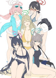 Rule 34 | 5girls, absurdres, animal ear fluff, animal ears, ayane (blue archive), ayane (swimsuit) (blue archive), bad anatomy, bikini, bikini skirt, black hair, black one-piece swimsuit, blonde hair, blue archive, blue eyes, blue jacket, breasts, cat ears, cleavage, competition swimsuit, covered navel, cross hair ornament, extra ears, eyewear on head, feet out of frame, foreclosure task force (blue archive), frilled bikini, frills, front-tie bikini top, front-tie top, glasses, grey hair, hair ornament, halo, highres, hood, hooded jacket, hoshino (blue archive), hoshino (swimsuit) (blue archive), jacket, large breasts, long hair, low ponytail, low twintails, medium breasts, medium hair, mismatched pupils, multicolored clothes, multicolored swimsuit, multiple girls, nonomi (blue archive), nonomi (swimsuit) (blue archive), official alternate costume, one-piece swimsuit, pink hair, pointy ears, red-framed eyewear, red eyes, serika (blue archive), serika (swimsuit) (blue archive), shiroko (blue archive), shiroko (swimsuit) (blue archive), standing, striped bikini, striped clothes, sunglasses, swimsuit, twintails, wolf ears, yatsuka (846), yellow bikini