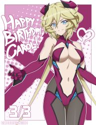 Rule 34 | 1girl, absurdres, aged up, blonde hair, blush, breasts, carol malus dienheim, character name, chuunioniika, cleavage, dated, elbow gloves, gloves, hair between eyes, happy birthday, heart, highres, large breasts, long hair, mole, mole under eye, navel, parted lips, senki zesshou symphogear, shiny skin, smile, solo, standing, teeth, twintails
