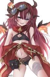 Rule 34 | 1girl, artist name, bandaged leg, bandages, belt, belt pouch, black shorts, brown belt, cowboy shot, crop top, dragon girl, dragon horns, dragon wings, goggles, goggles on head, grey eyes, highres, horns, jacket, long hair, multicolored hair, navel, off shoulder, parted lips, phase connect, pouch, red hair, red jacket, red scarf, saya sairroxs, scarf, short shorts, shorts, solo, streaked hair, takida 185, teeth, upper teeth only, white hair, wings