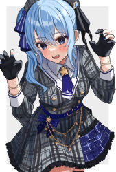 1girl absurdres belt beret black_gloves blue_belt blue_hair blue_nails blue_ribbon blush claw_pose dress gloves grey_dress grey_hat hair_ribbon hat highres hololive hoshimachi_suisei hoshimachi_suisei_(1st_costume) looking_at_viewer mino_(miiiinon611) nail_polish open_mouth partially_fingerless_gloves ribbon smile solo striped_clothes striped_dress vertical-striped_clothes vertical-striped_dress virtual_youtuber