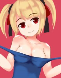 Rule 34 | 00s, 1girl, bare shoulders, blonde hair, clothes pull, female focus, idolmaster, idolmaster dearly stars, kagami yuu, one-piece swimsuit, one-piece swimsuit pull, original, pulled by self, red eyes, school swimsuit, short twintails, solo, strap pull, suzuki ayane, swimsuit, touhou, twintails