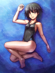 Rule 34 | 1girl, amagami, barefoot, black eyes, black hair, breasts, competition swimsuit, feet, flat chest, full body, legs, lying, nanasaki ai, one-piece swimsuit, short hair, sideboob, small breasts, solo, swimsuit, tamago, tamago (yotsumi works)