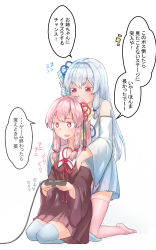 Rule 34 | 2girls, :d, blue hair, blue pupils, blue thighhighs, grabbing another&#039;s breast, brown dress, brown sleeves, colored eyelashes, controller, detached sleeves, dress, game console, game controller, grabbing, grabbing from behind, hair ornament, hand under clothes, highres, holding, holding controller, holding game controller, horizontal pupils, incest, kneeling, kotonoha akane, kotonoha aoi, light blue hair, long hair, long sleeves, microa, multiple girls, no shoes, open mouth, pink eyes, pink hair, pink thighhighs, siblings, sisters, sitting, smile, speech bubble, super nintendo, thighhighs, translation request, voiceroid, wariza, white dress, white sleeves, zettai ryouiki