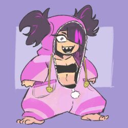 Rule 34 | 1girl, :d, barefoot, black hair, blunt bangs, border, breasts, cleavage, collarbone, commentary, cosplay, drawstring, full body, hair over one eye, han juri, hood, hood up, jacket, kigurumi, long hair, long sleeves, lowres, medium breasts, midriff, multicolored hair, navel, official alternate costume, open clothes, open mouth, pink eyes, purple background, purple border, sharp teeth, sidelocks, simple background, sleeves past wrists, smile, solo, sports bra, standing, stomach, streaked hair, street fighter, street fighter 6, teeth, toes, twintails, two-tone hair, yummypillow, zipper