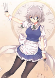 Rule 34 | 1girl, absurdres, apron, black pantyhose, blue dress, blue eyes, bow, braid, clock, commentary request, dress, feet out of frame, frilled apron, frilled skirt, frills, green bow, green neckwear, hair bow, highres, holding, holding weapon, izayoi sakuya, knife, maid, maid apron, maid headdress, medium hair, monocle, pantyhose, puffy short sleeves, puffy sleeves, short sleeves, silver hair, skirt, solo, touhou, twin braids, weapon, white bow, wrist cuffs, wu yao jun