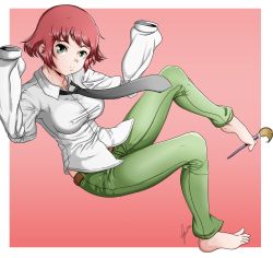 Rule 34 | 10s, 1girl, 2016, amputee, armless amputee, bad deviantart id, bad id, barefoot, black necktie, breasts, closed mouth, double amputee, feet, full body, green eyes, green pants, highres, holding with feet, katawa shoujo, medium breasts, monteferro, necktie, paintbrush, pants, plantar flexion, red hair, shirt, signature, solo, taut clothes, taut shirt, tezuka rin, white shirt