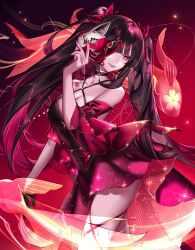 Rule 34 | 1girl, absurdres, artist name, bare shoulders, black gloves, black hair, breasts, butterfly-shaped pupils, cherry blossom print, cleavage, commentary request, detached sleeves, dress, fingernails, floral print, flower tattoo, fox mask, gloves, hair ornament, highres, holding, holding mask, honkai: star rail, honkai (series), koi, large breasts, lips, long hair, looking to the side, mask, mole, mole under each eye, mole under eye, multiple moles, nail polish, pink eyes, red background, red dress, red nails, red theme, ringeko-chan, simple background, single glove, sleeveless, sleeveless dress, smile, solo, sparkle, sparkle (honkai: star rail), symbol-shaped pupils, tattoo, thighs, twintails, very long hair, wide sleeves