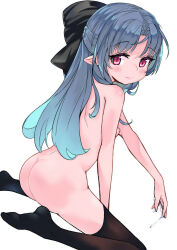 Rule 34 | 1girl, absurdres, aqua hair, ass, black bow, black thighhighs, blush, bow, breasts, closed mouth, eyelashes, from side, gradient hair, hair bow, hair intakes, half updo, highres, huge bow, legs, len (tsukihime), liquid, long hair, looking at viewer, looking back, monomono, multicolored hair, nipples, no shoes, nude, outstretched arm, parted bangs, pointy ears, red eyes, sideways glance, simple background, sitting, small breasts, smile, solo, suggestive fluid, thighhighs, tsukihime, turning head, wariza, white background