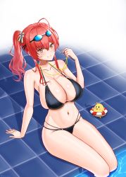 Rule 34 | 1girl, absurdres, ahoge, arm support, azur lane, bare shoulders, bikini, black bikini, breasts, cleavage, closed mouth, collarbone, commentary request, covered erect nipples, goggles, goggles on head, groin, gyokuro (azfater), hair between eyes, highleg, highleg bikini, highres, holding, holding whistle, ibispaint (medium), innertube, italian flag, large breasts, lifebuoy, light blush, long hair, looking at viewer, manjuu (azur lane), midriff, multi-strapped bikini, navel, o-ring, o-ring bikini, official alternate costume, partial commentary, pool, poolside, red hair, shadow, side ponytail, sidelocks, simple background, sitting, skindentation, smile, soaking feet, solo focus, swim ring, swimsuit, water, whistle, whistle around neck, white background, zara (azur lane), zara (poolside coincidence) (azur lane)
