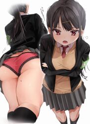 Rule 34 | 1girl, armband, arms under breasts, ass, black hair, black jacket, black socks, blush, border, breasts, brown sweater, chigusa minori, commentary request, crossed arms, fading border, grey skirt, hair ornament, hairclip, highres, jacket, kneehighs, lace, lace-trimmed panties, lace trim, long hair, long sleeves, looking at viewer, medium breasts, mole, mole on thigh, multiple views, necktie, open clothes, open jacket, open mouth, original, panties, pleated skirt, ponytail, red eyes, red necktie, red panties, school uniform, sidelocks, simple background, skirt, socks, sweater, thighs, translation request, underwear, wardrobe malfunction, white background