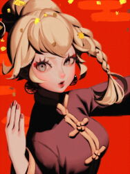 Rule 34 | 1girl, bellhenge, blonde hair, blue eyes, braid, breasts, chinese clothes, earrings, fighting stance, jewelry, kung fu peach, long hair, looking at viewer, mario (series), nintendo, official alternate costume, official alternate hairstyle, pink nails, princess peach, princess peach: showtime!, red background, solo, sphere earrings, upper body